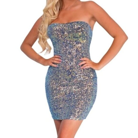 Strapless sequin mini dress blue medium - Picture 1 of 6